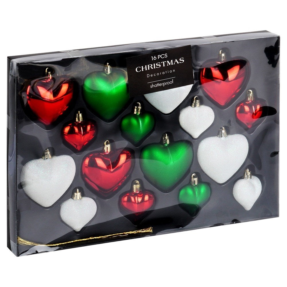 Shatterproof Christmas baubles hearts red green white 6.5/4.5 cm 16 pcs.