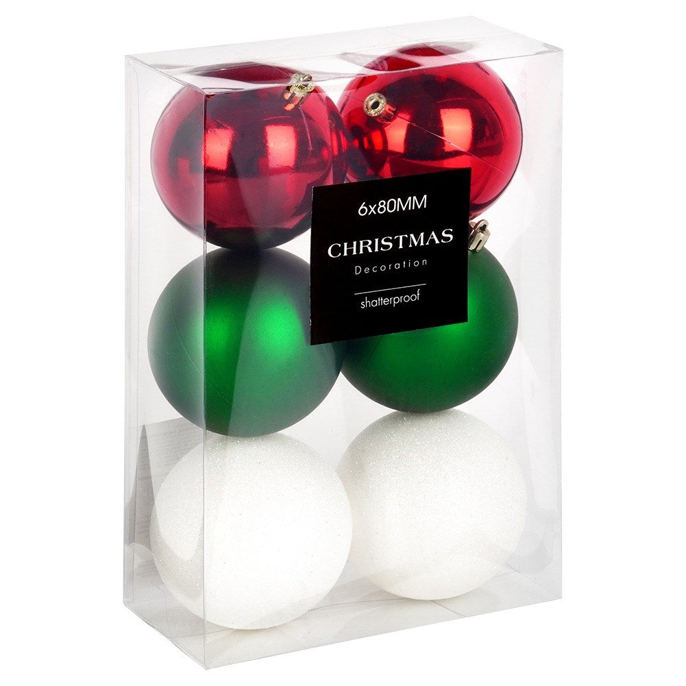 Shatterproof Christmas baubles red green white 8 cm 6 pcs.