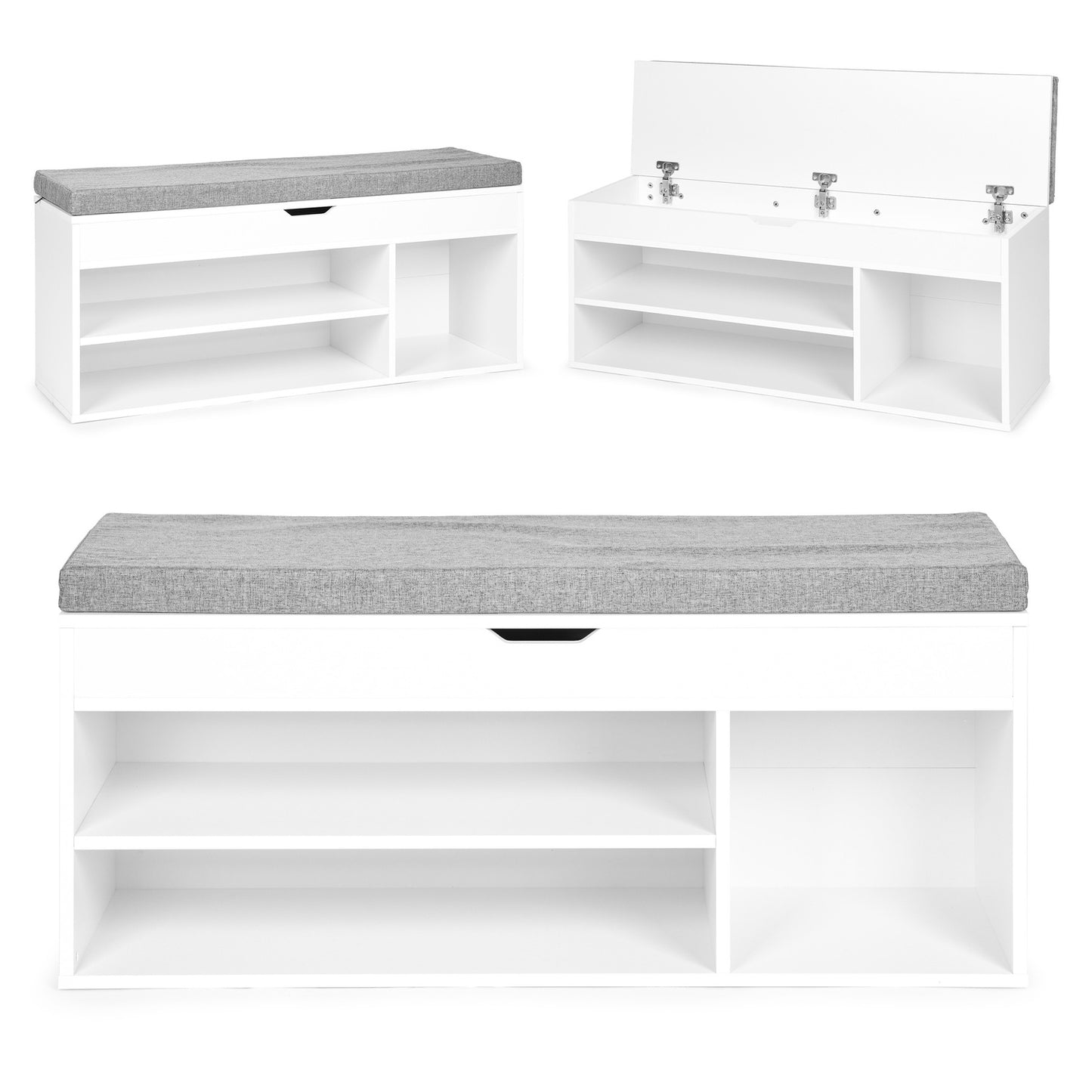 Shoe cabinet with grey cushion and opening seat 3 shelves white