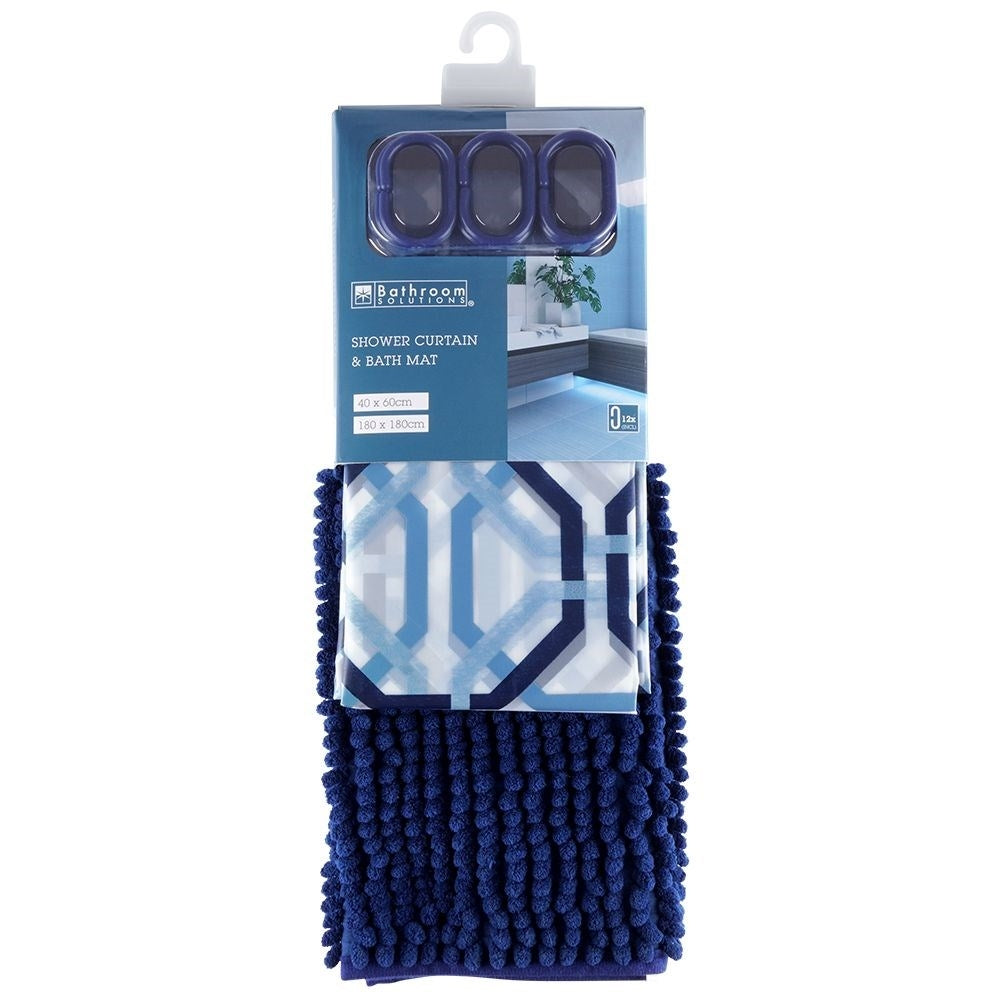 Shower Curtain & Bathroom Rug - Complete Set with 12 Hooks