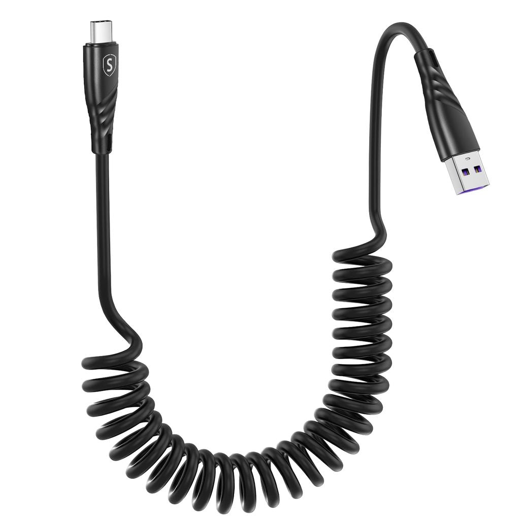 SiGN 15W Coiled USB-A to USB-C Fast Charging Cable for Car - Black