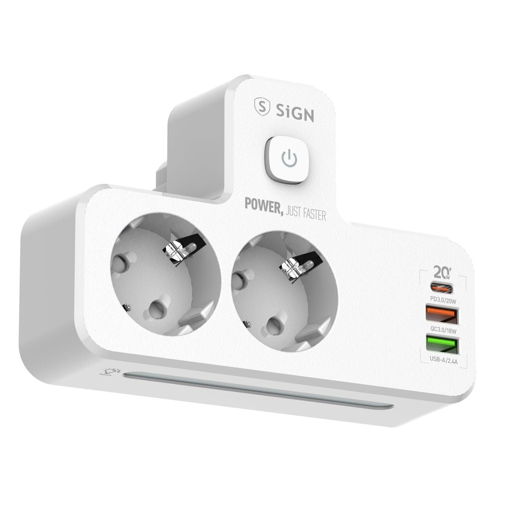 SiGN 20W Power Strip with LED Night Light, 2-way/2 x USB-A/1 x USB-C - White