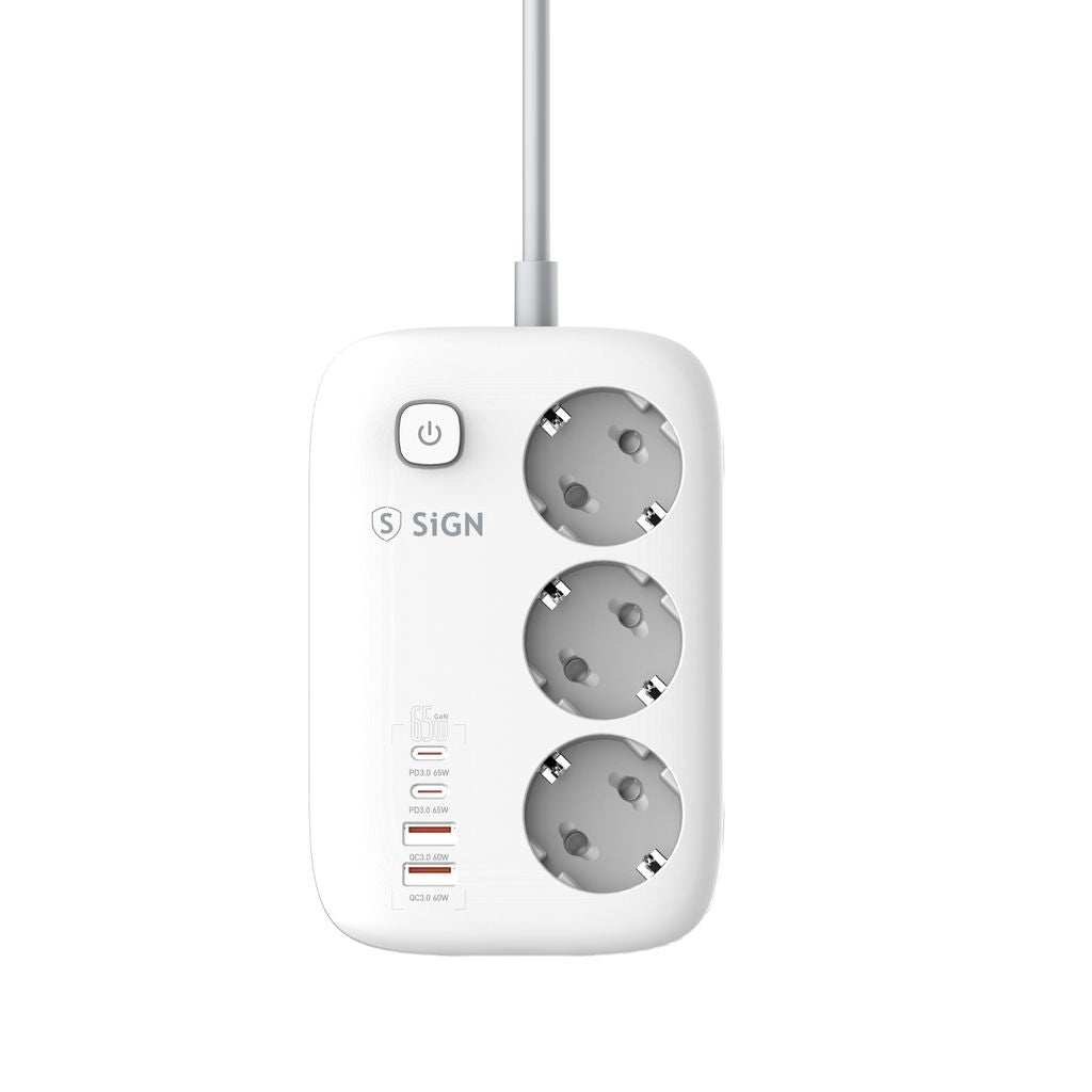 SiGN 65W GaN fast charging power strip with 3 outlets, 2 USB-A ports, 2 USB-C ports, 2m - White