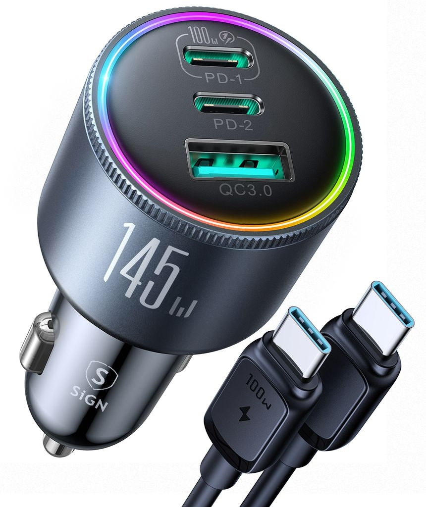 SiGN Car Charger 145W with 2x USB-C & 1x USB-A – PD & QC3.0