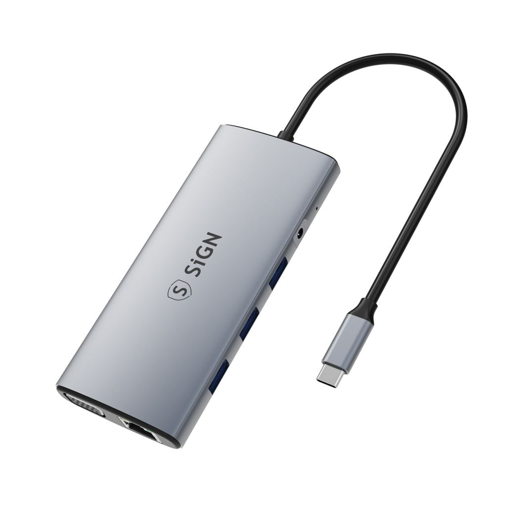 Sign 11-i-1-hubb USB-C till HDMI/VGA/RJ45/USB-C/USB-A/SD/TF/3,5 mm - Silver