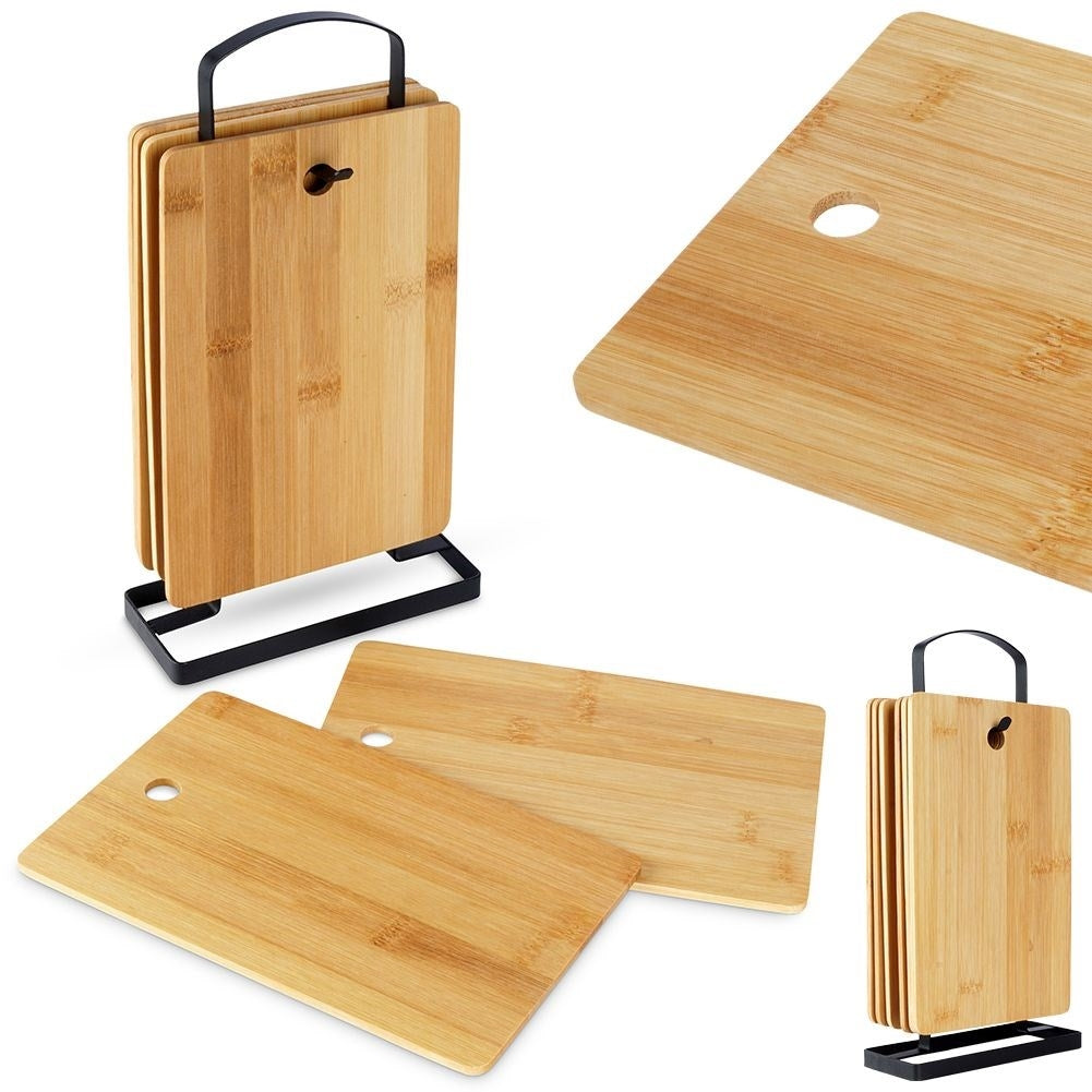 Six bamboo cutting boards on stand for cutting & serving