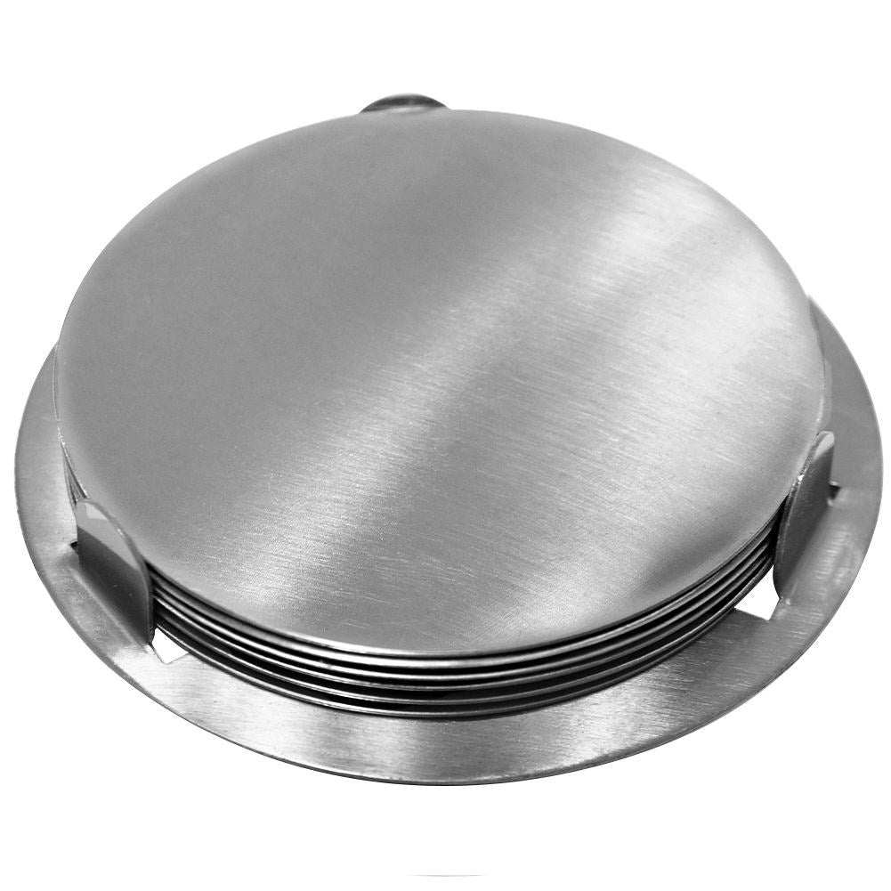 Six stainless steel coasters with protective foam