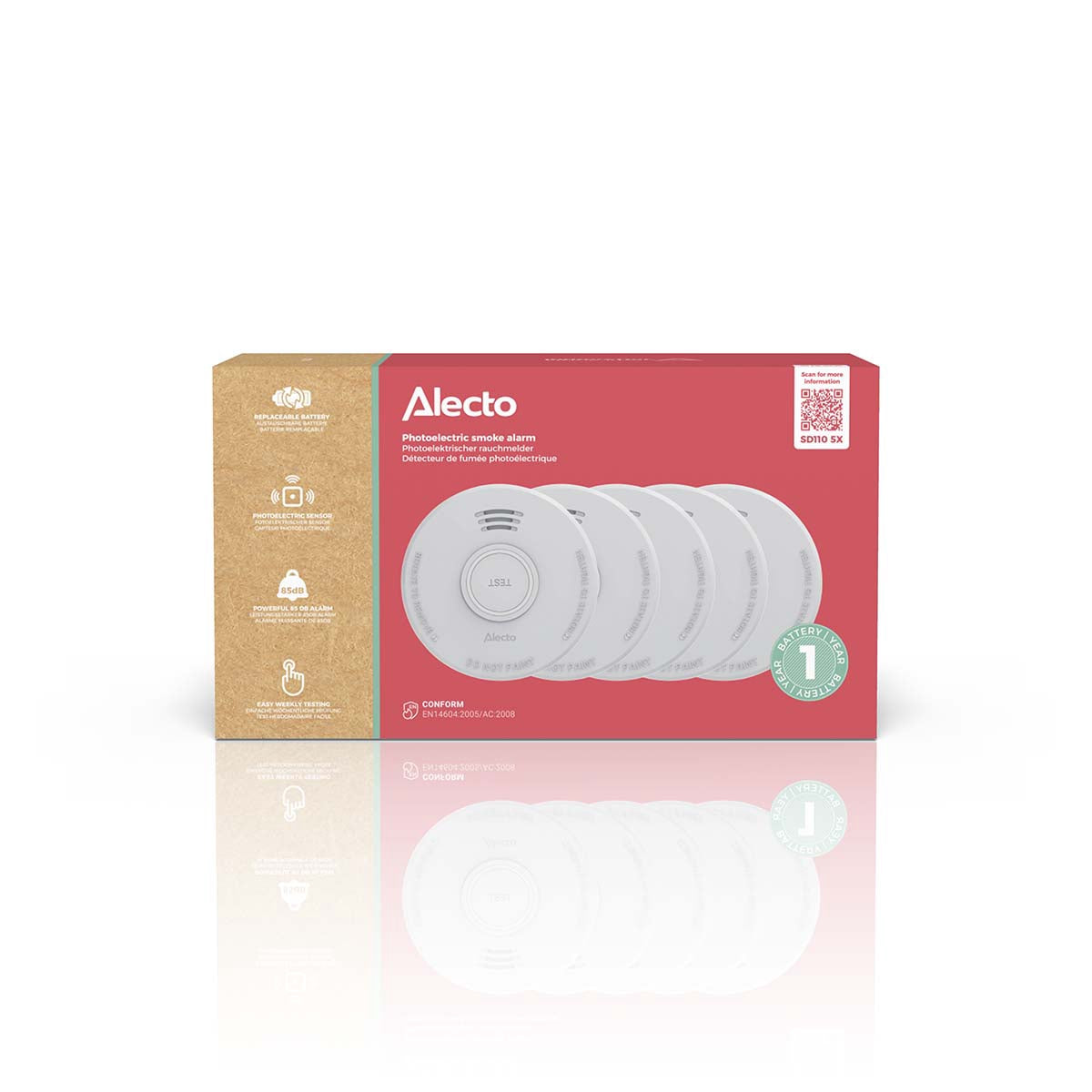 Smoke Alarm with 1-Year Battery, Photoelectric, 5-Pack