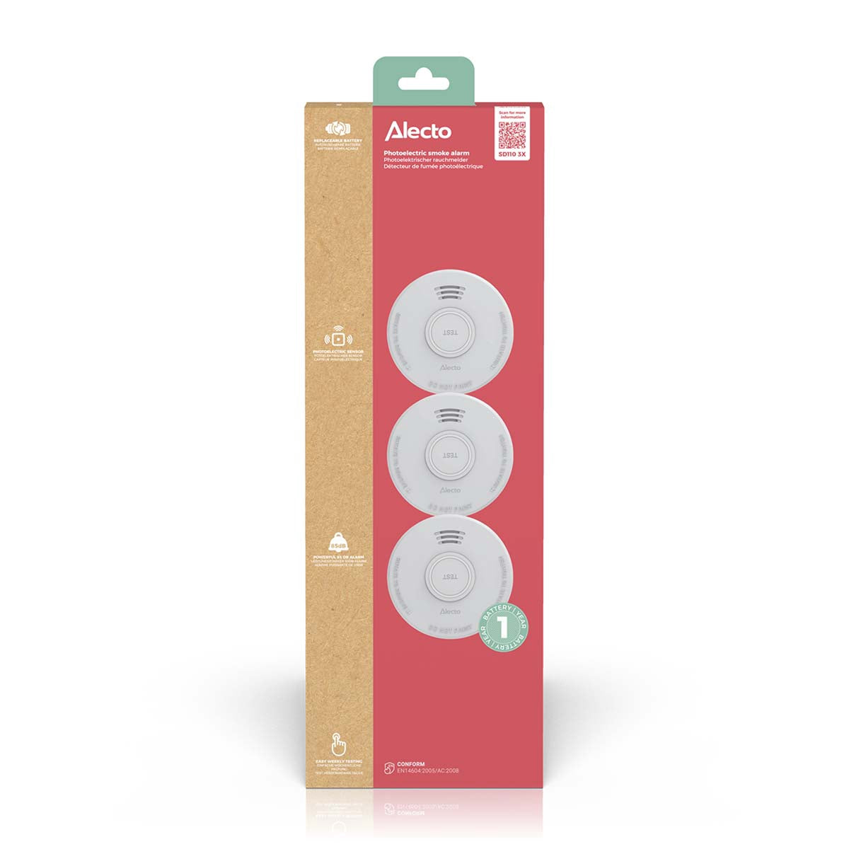 Smoke Alarm with 1-Year Battery, White, 3-Pack
