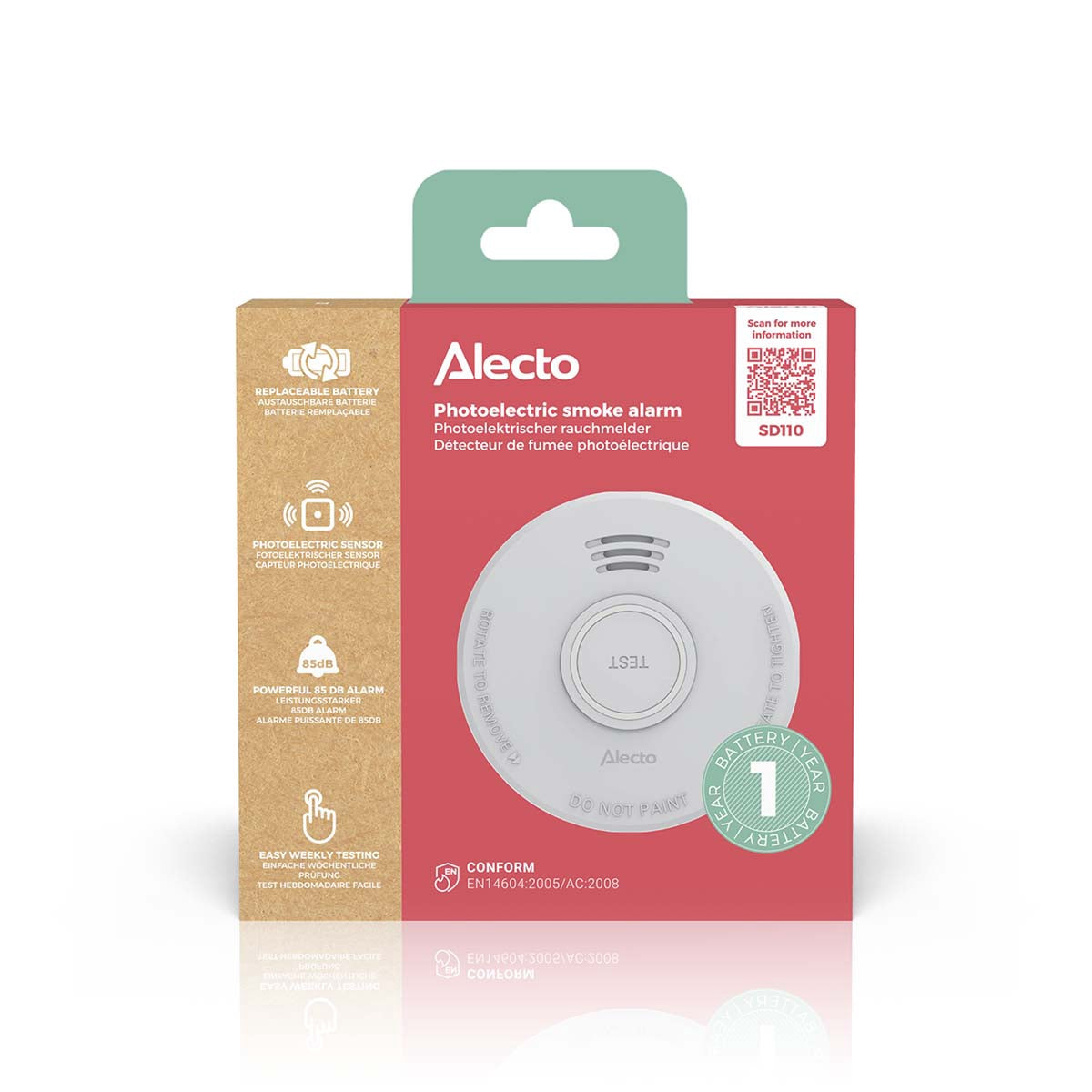 Smoke Alarm with Photoelectric Sensor, 1-Year Battery
