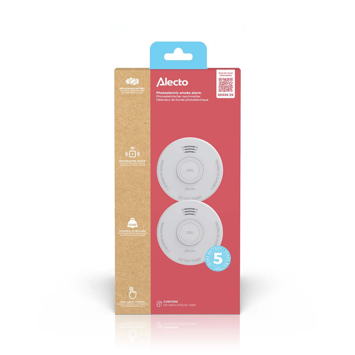 Smoke Detector with 5-Year Battery, 2 Pack