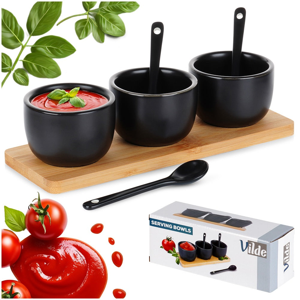 Snack bowls with spoons, ceramic, black, 90 ml, 7 pcs.