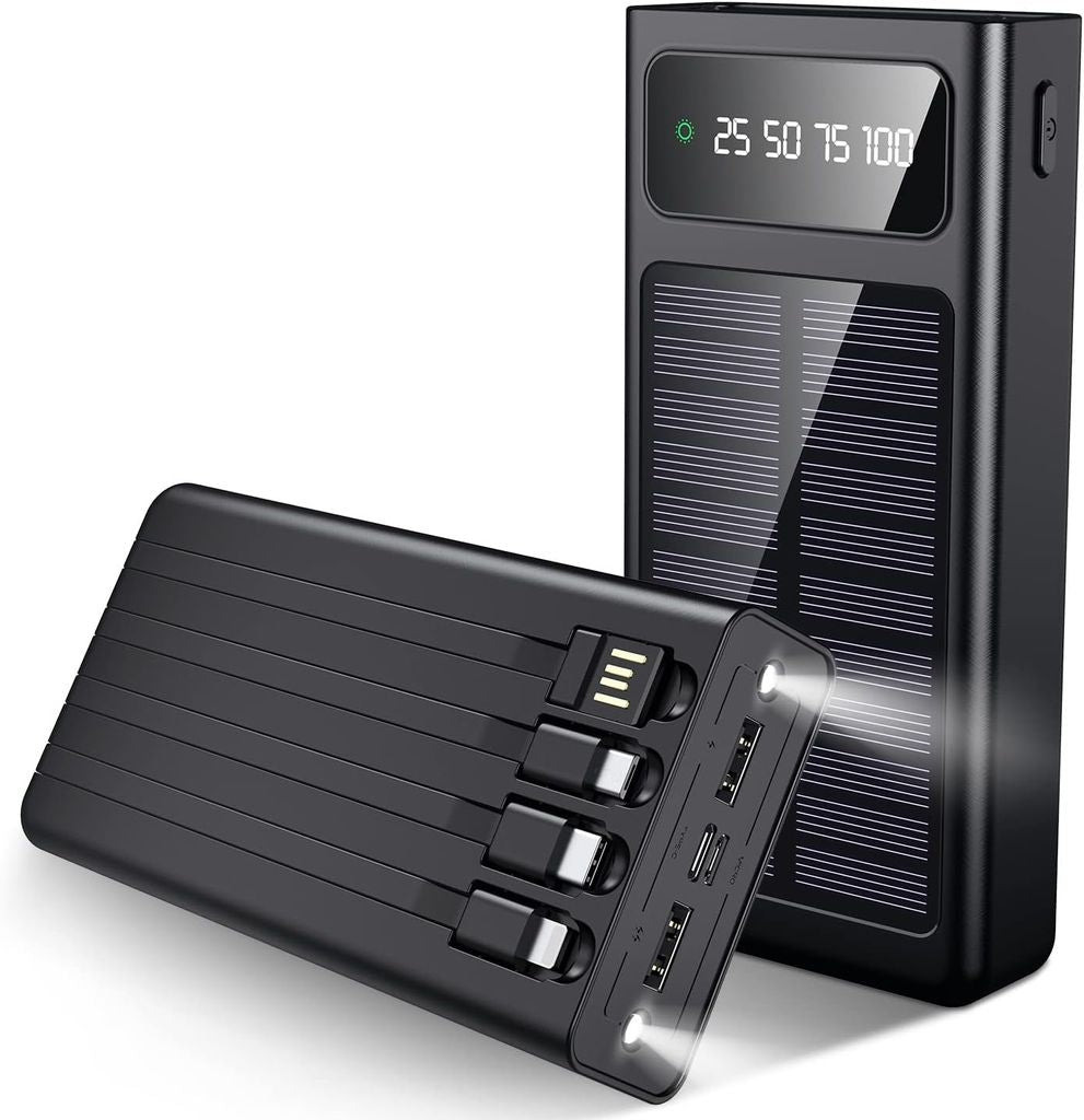 Solar Powerbank with Built-in Cables, 20000mAh - Black