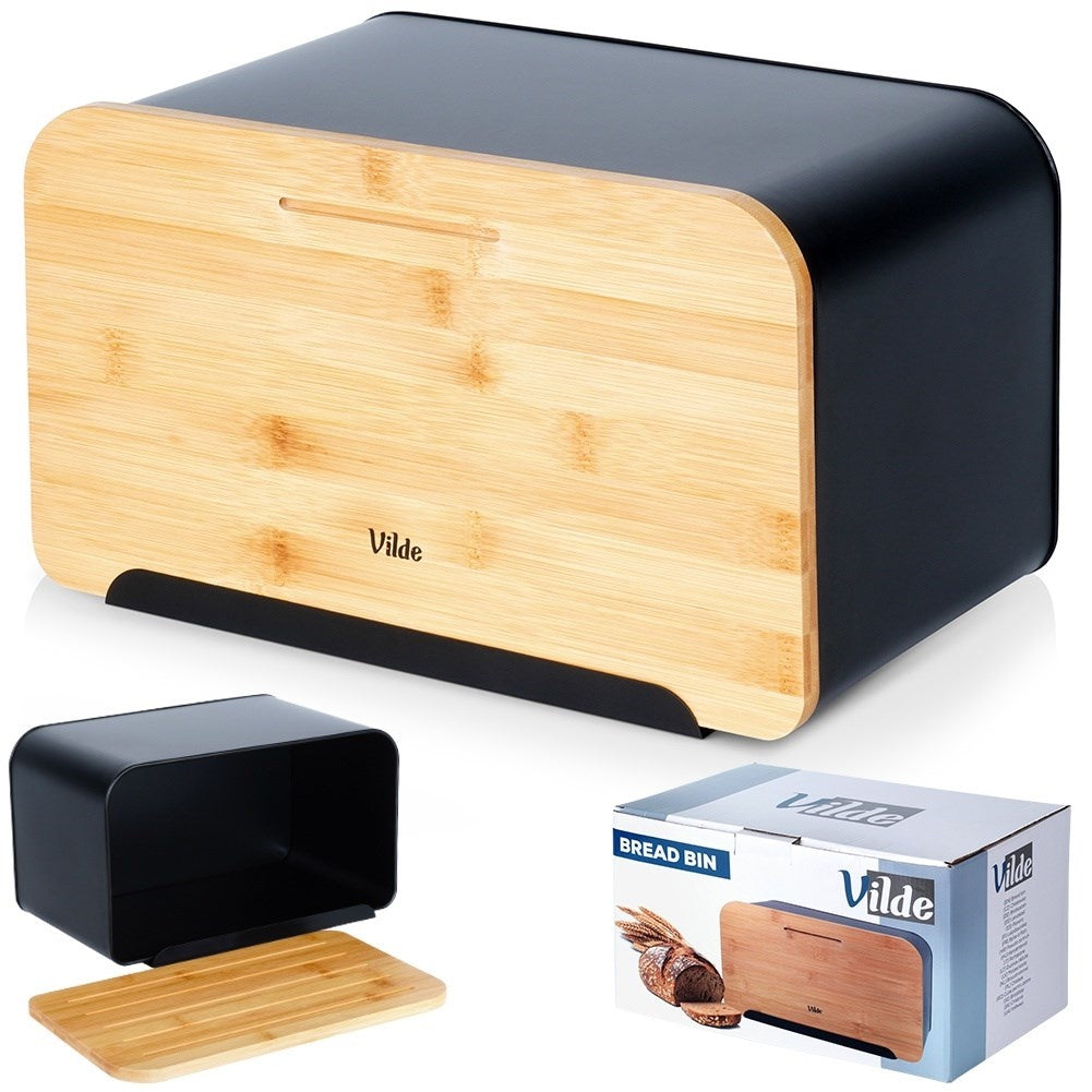 Spacious bread box in black metal with bamboo cutting board