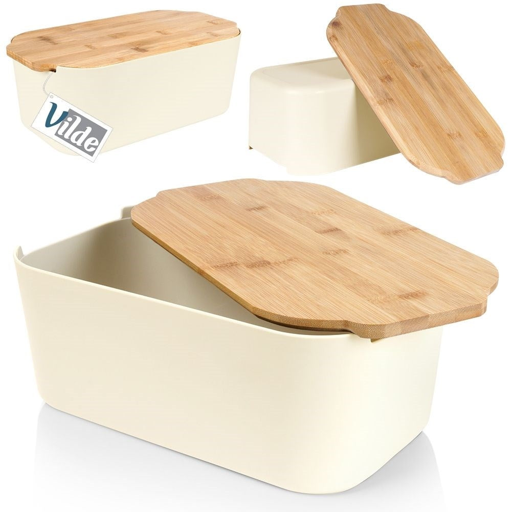 Spacious bread box in cream color with bamboo cutting board