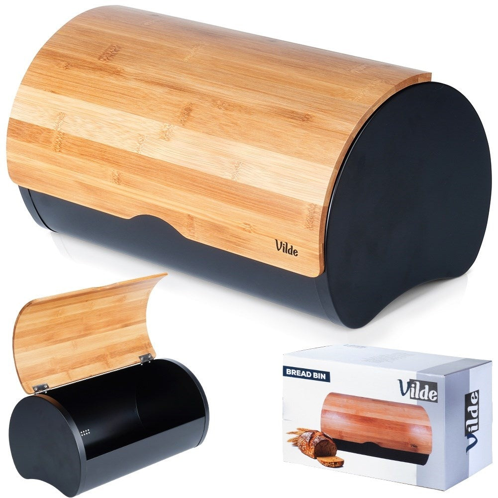 Spacious bread box in durable bamboo wood and black steel