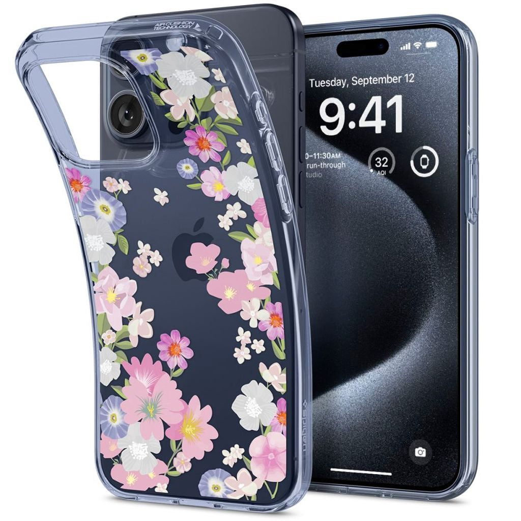 Spigen Liquid Crystal-skal till iPhone 15 Pro - Rosa och blå blommor