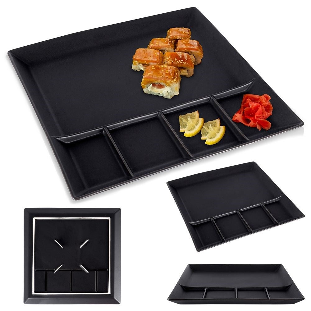 Square black porcelain tray with five sections for snacks