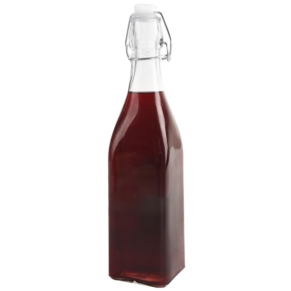 Square glass bottle with cork and clamp for drinks