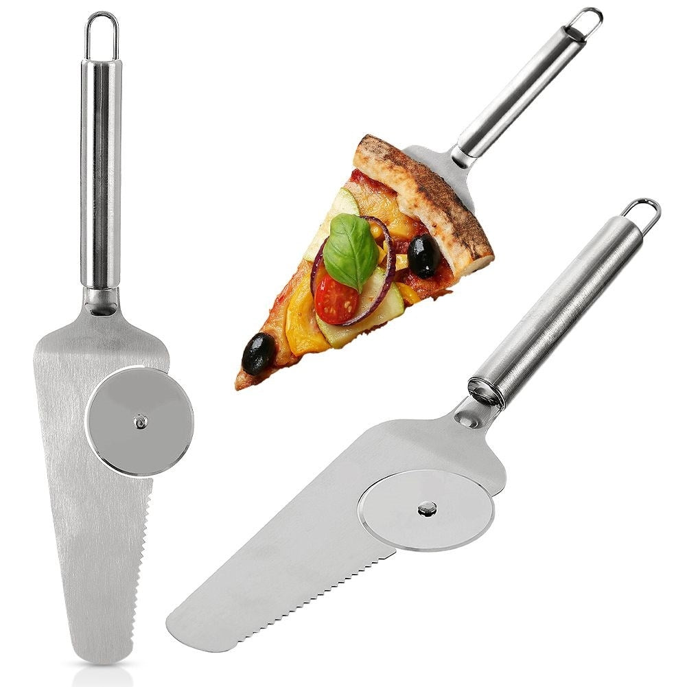 Stainless Steel Pizza Spatula with Cutter - Round Knife, Serrated Edges
