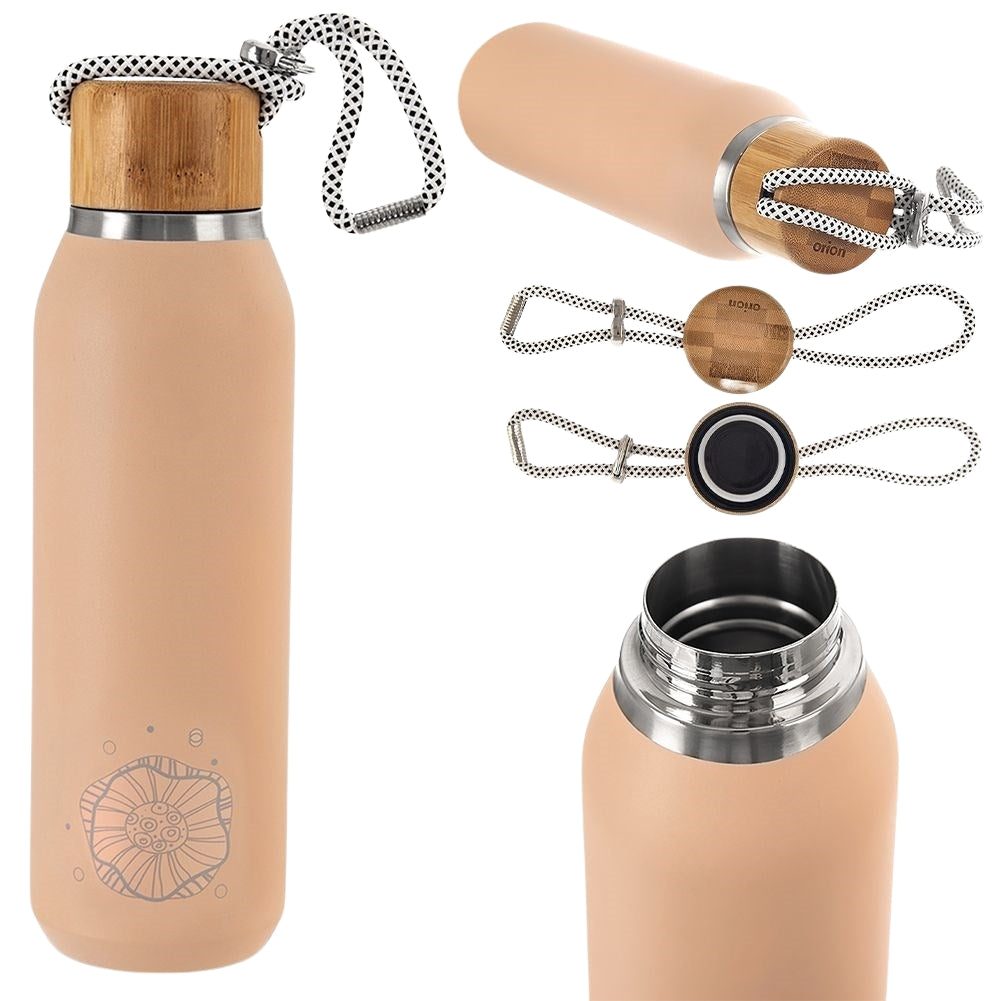 Stainless Steel Thermos Bottle - Keeps Drinks Hot & ColdStainless steel thermos bottle with double wall for both hot and cold drinks. The bottle has a tight-fitting lid and a practical strap for easy transport.