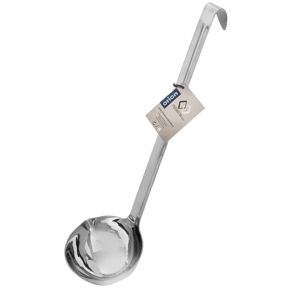 Stainless steel kitchen ladle with suspension for soups and sauces