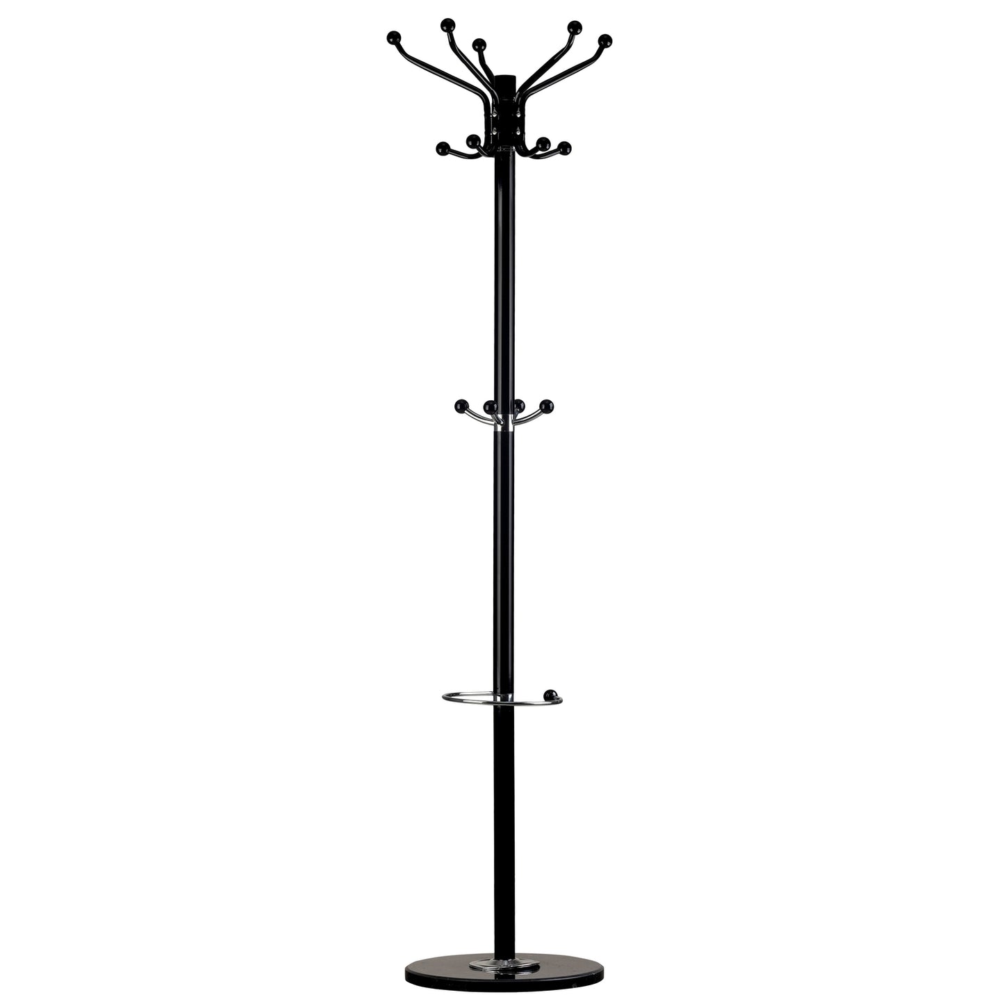 Standing coat rack with 14 hooks for clothes, black metal, by ModernHome