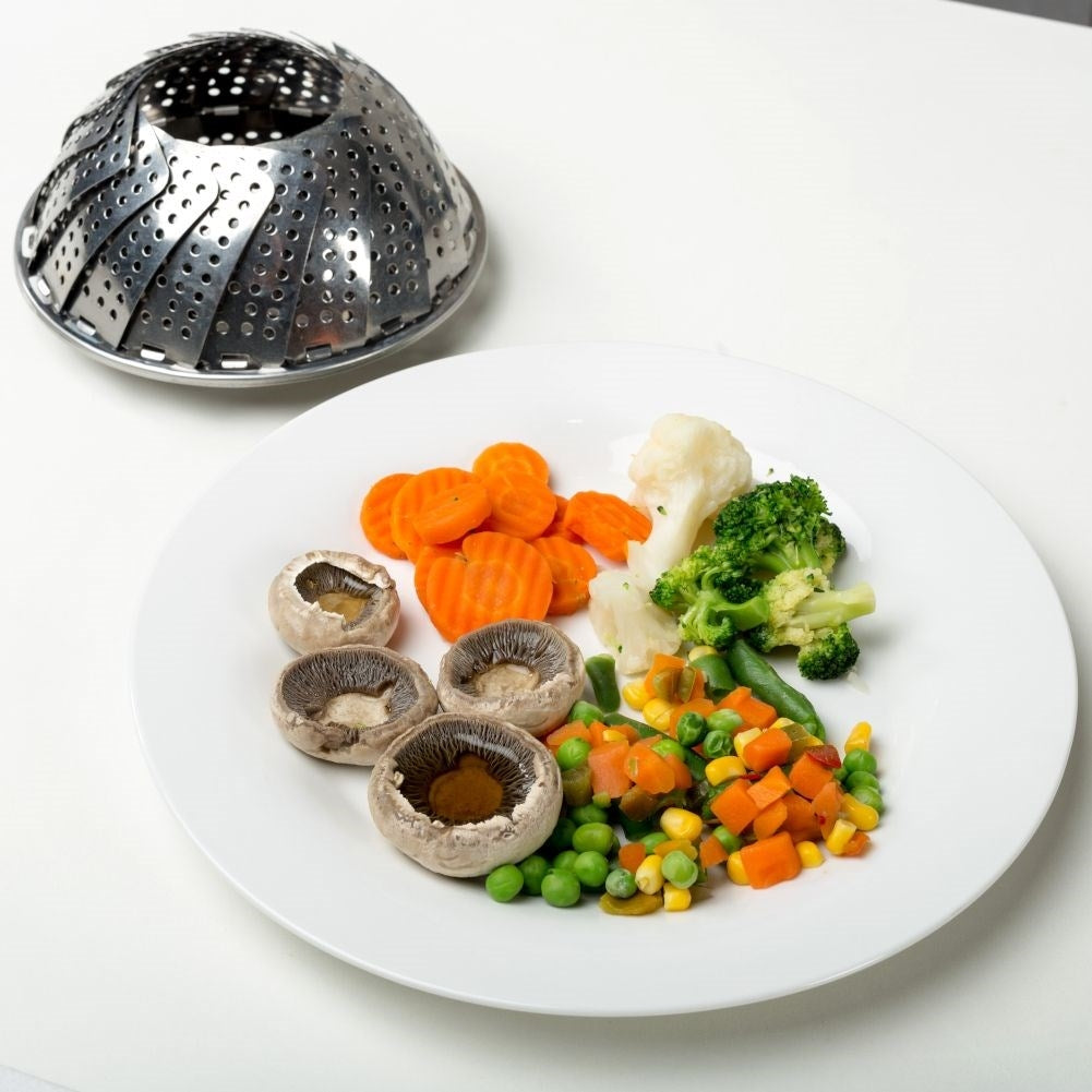 Steaming insert in stainless steel with fold-out legs