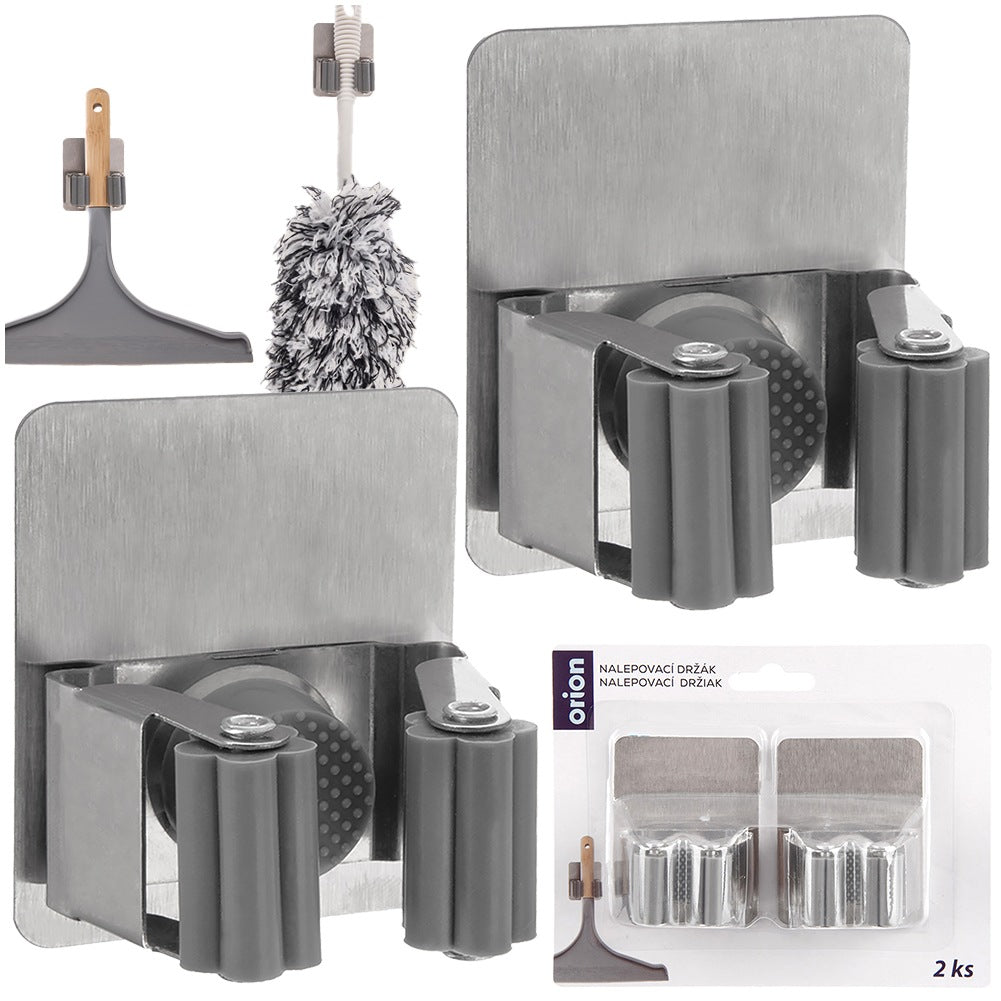 Steel Mop, Broom & Tool Holder, Self-Adhesive, 2-Pack