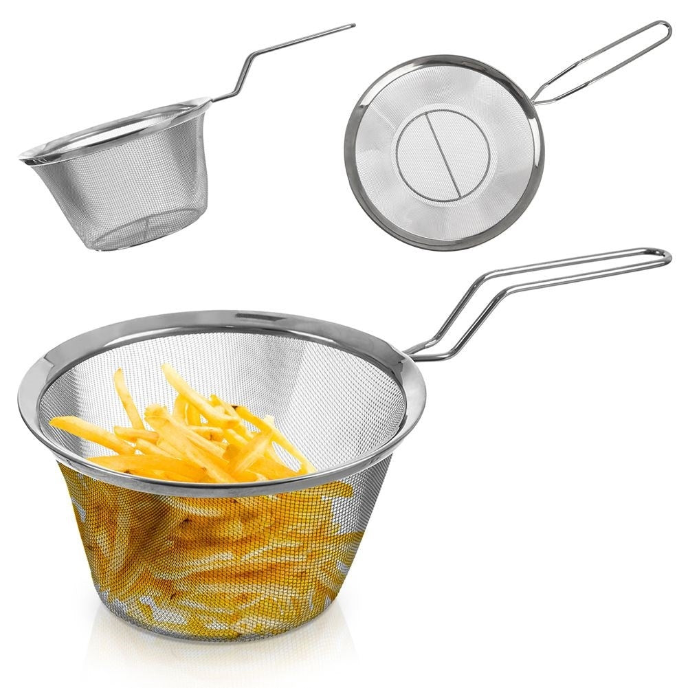Steel wire basket with long handle for frying and straining