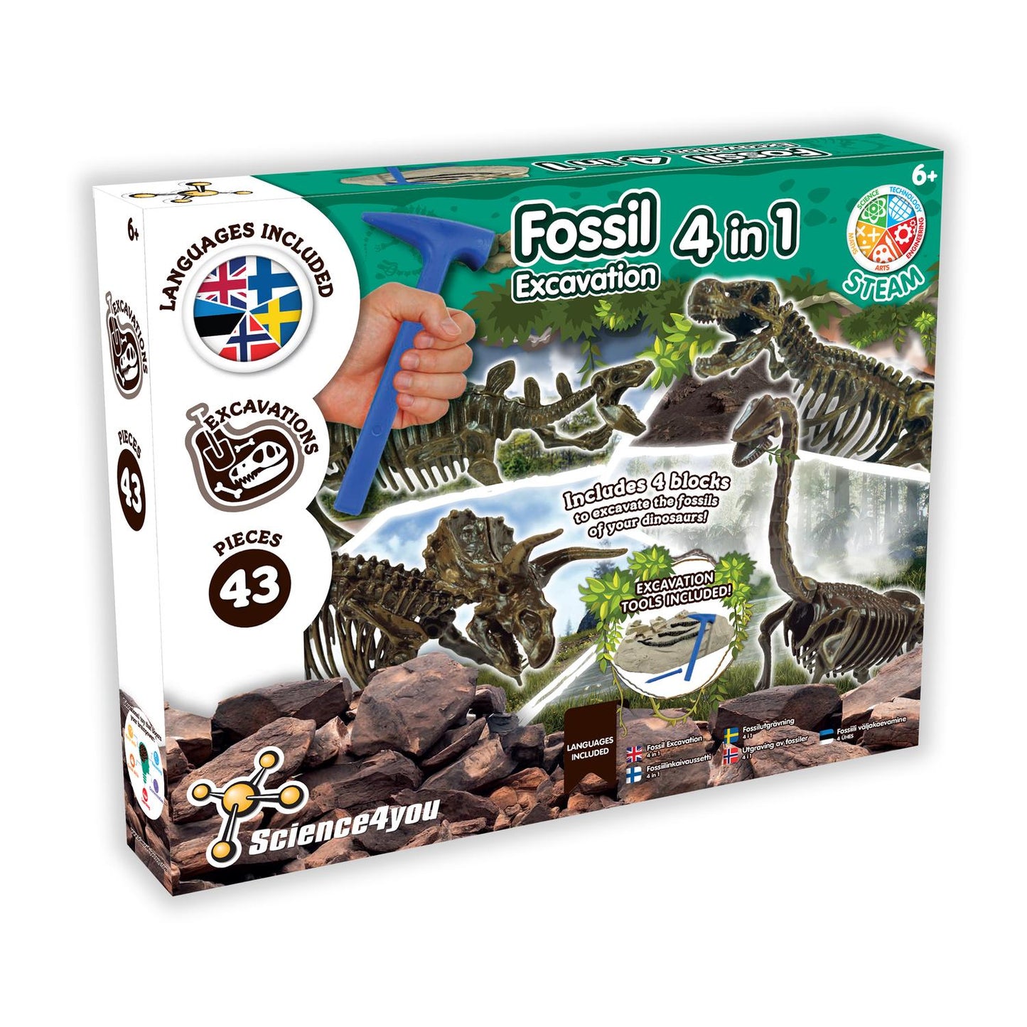 Dinosaur Fossil Excavation Kit, 4-in-1 STEM Toy, Ages 6+