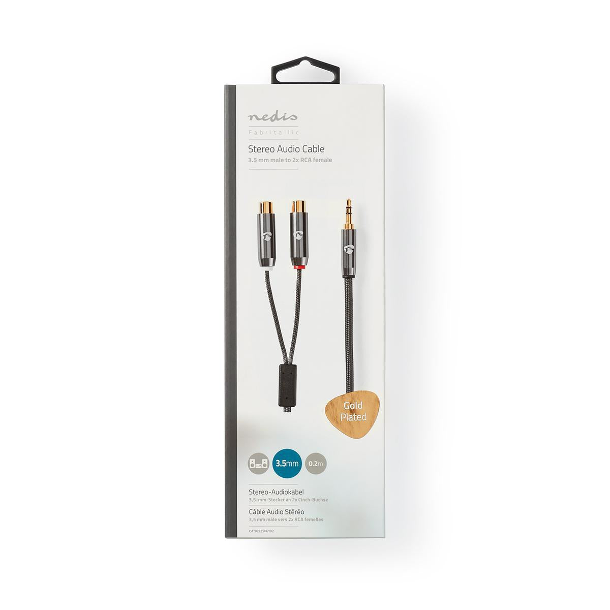 Stereo Audio Cable | 3.5 mm Male | 2x RCA Female | Gold Plated | 0.20 m | Round | Gray / Gray With Metal | Carton with covered window