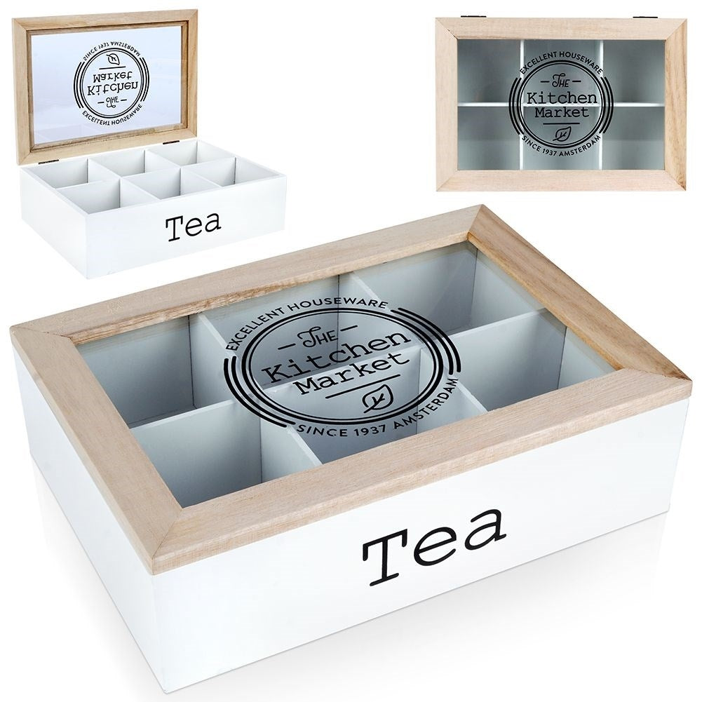 Storage box for tea bags with 6 compartments and lid