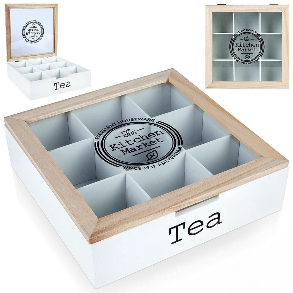 Storage box for tea bags with 9 compartments and lid