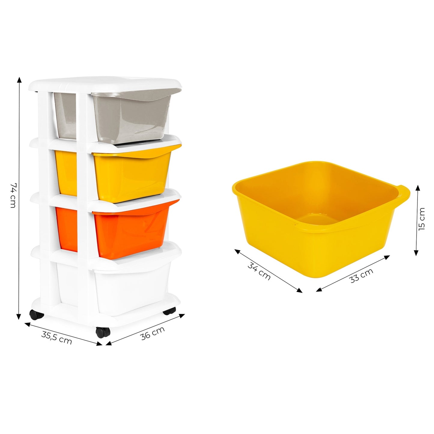 Storage organiser with 4 pull-out drawers legs with castors