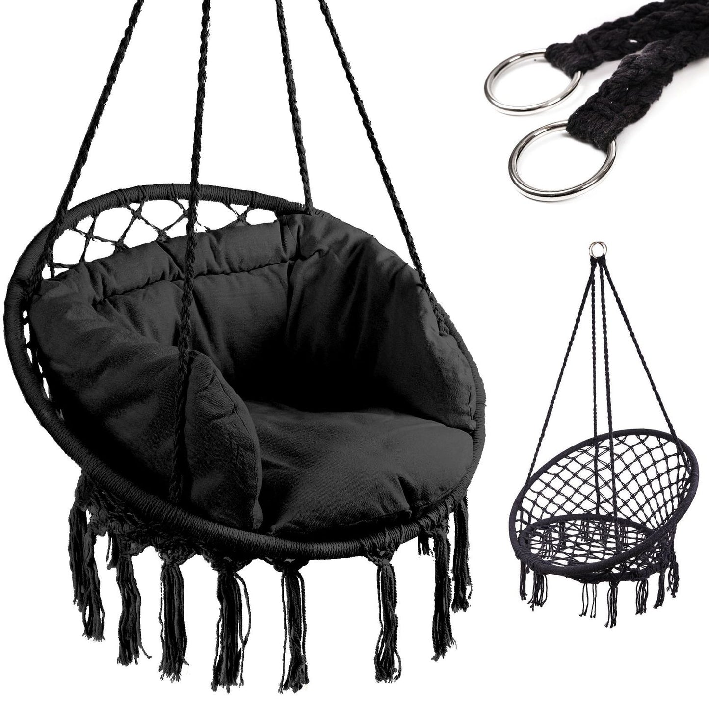 Stork's nest armchair swing with backrest black 80cm + cushions
