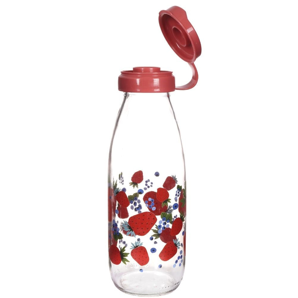 Strawberry motif glass bottle with yellow plastic cap