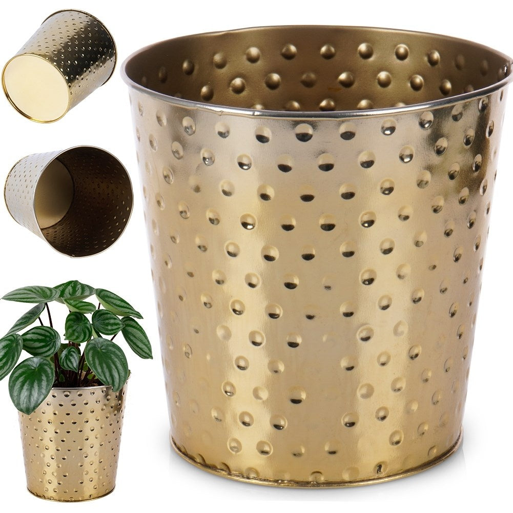 Stylish metal pot in gold for plants