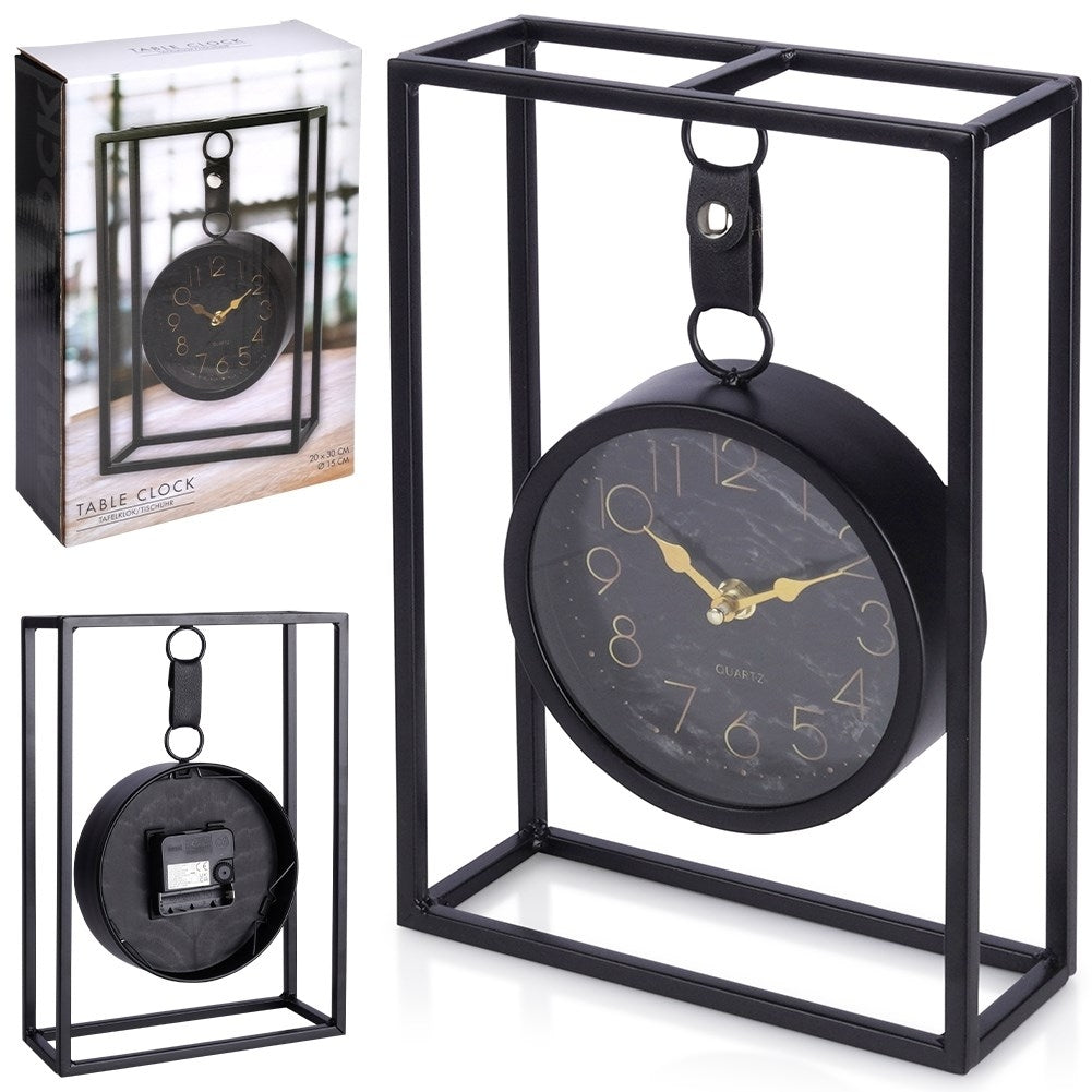Stylish table clock with black marbled dial and metal frame