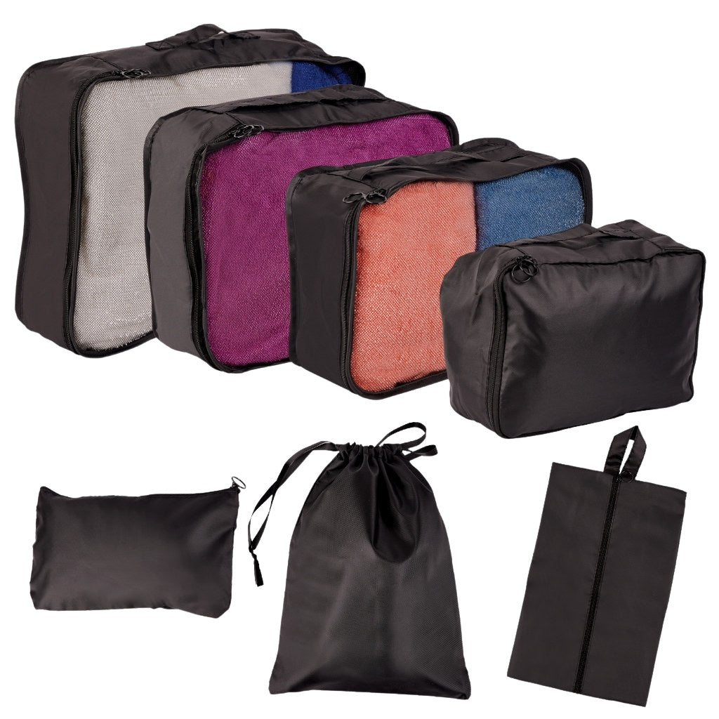 Suitcase organizers travel set 7 pieces clothes storage accessories waterproof bags toiletry bag shoe bag black