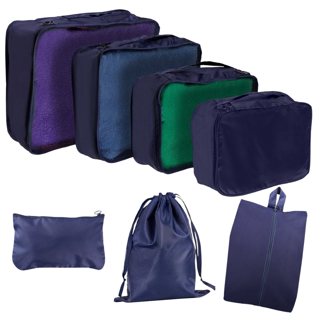 Suitcase organizers travel set 7 pieces clothes storage accessories waterproof bags toiletry bag shoe bag navy blue