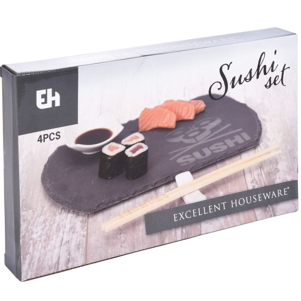 Sushi set with stone plate, bowl and chopsticks