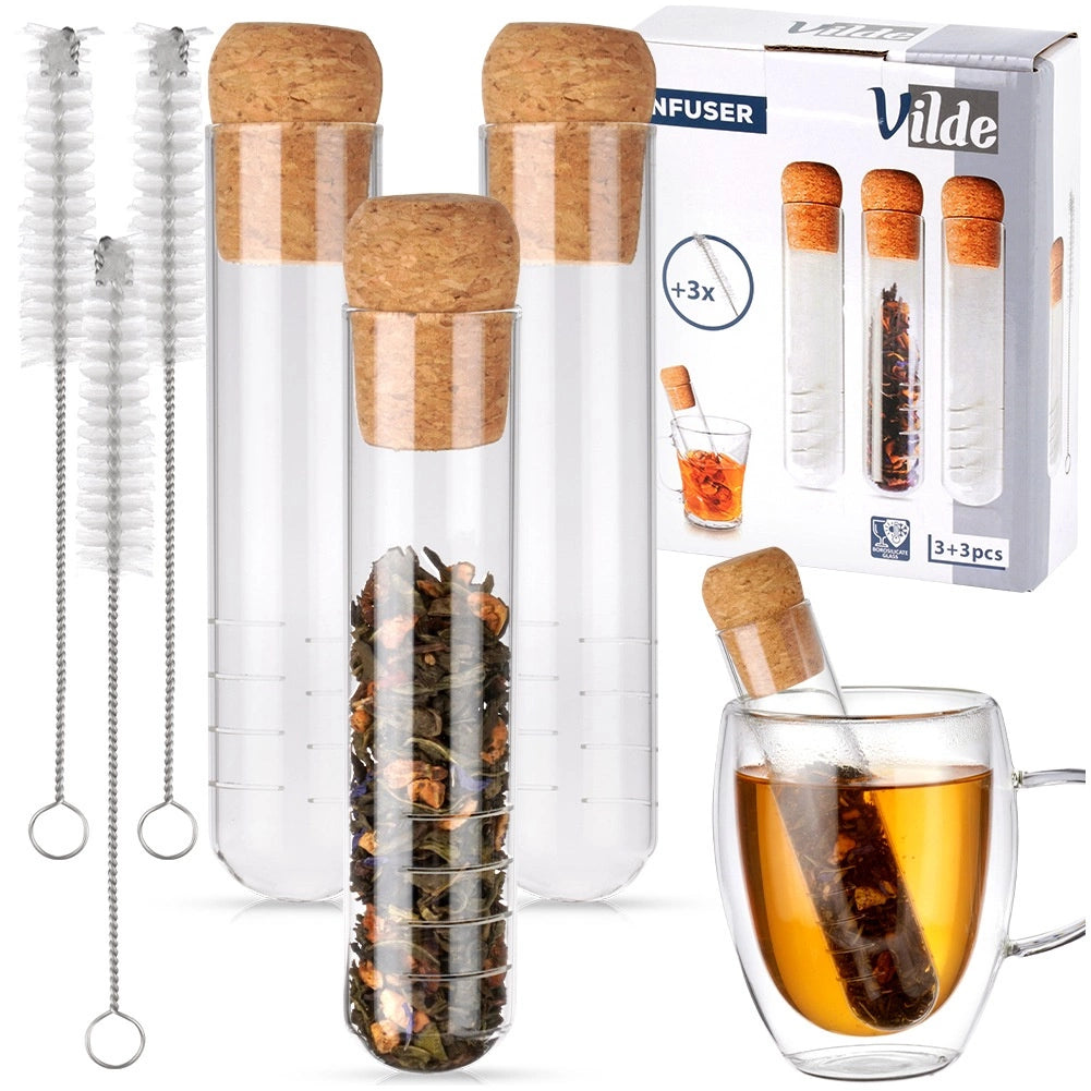 Tea Infuser Set, Glass Vial with Cork, 3 Strainers