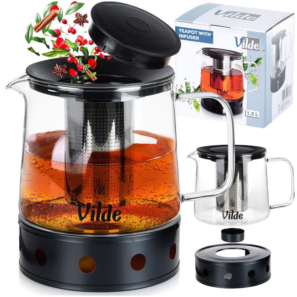 Teapot with tea infuser, heat-resistant glass, with warmer, 1.5 l
