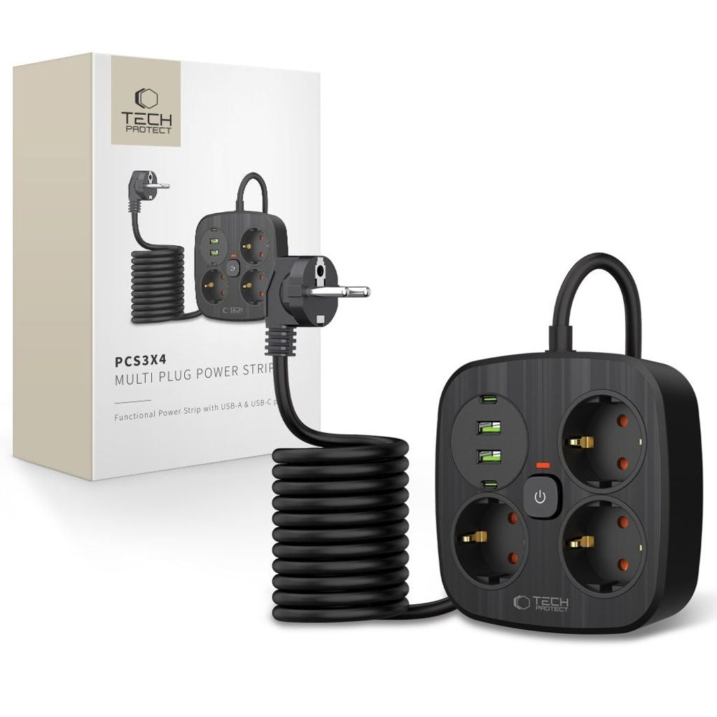 Tech-Protect 3x4 grenuttag, 3 uttag, 2xusb-A, 2xusb-C 200 cm – svart
