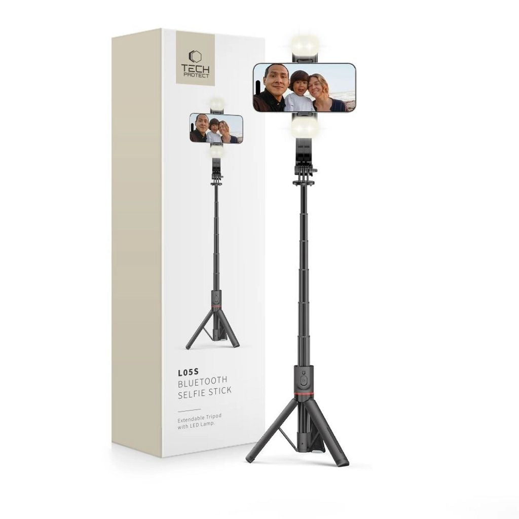 Tech-Protect L05S Bluetooth Selfie Stick with Tripod & LED Light, 104cm - Black