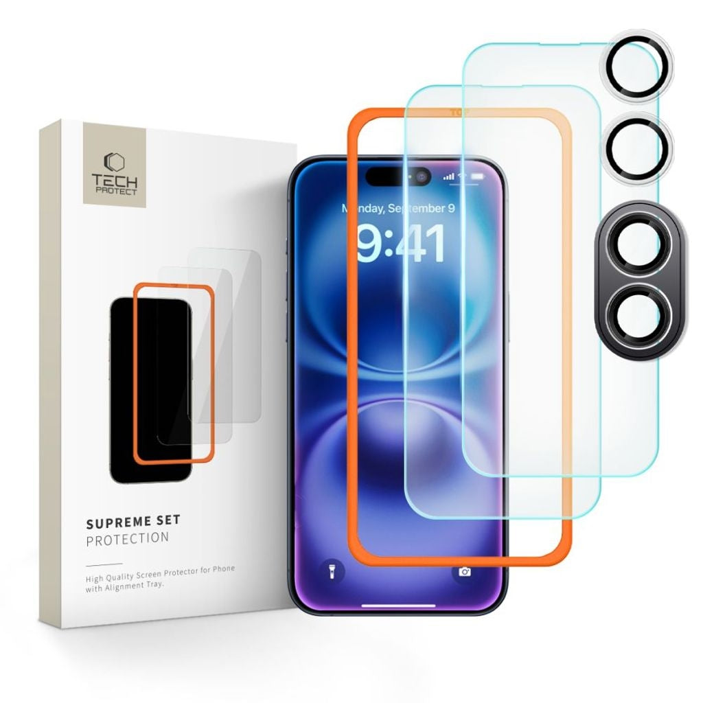 Tech-Protect Supreme Set 3-delars skärm- och linsskydd för iPhone 16 - Transparent