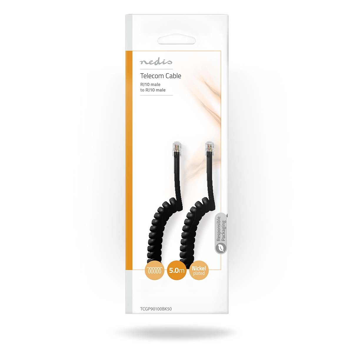 Telecom cable | RJ10 Male | RJ10 Male | 5.00 m | Cable design: Coiled | Cable type: RJ10 | Black