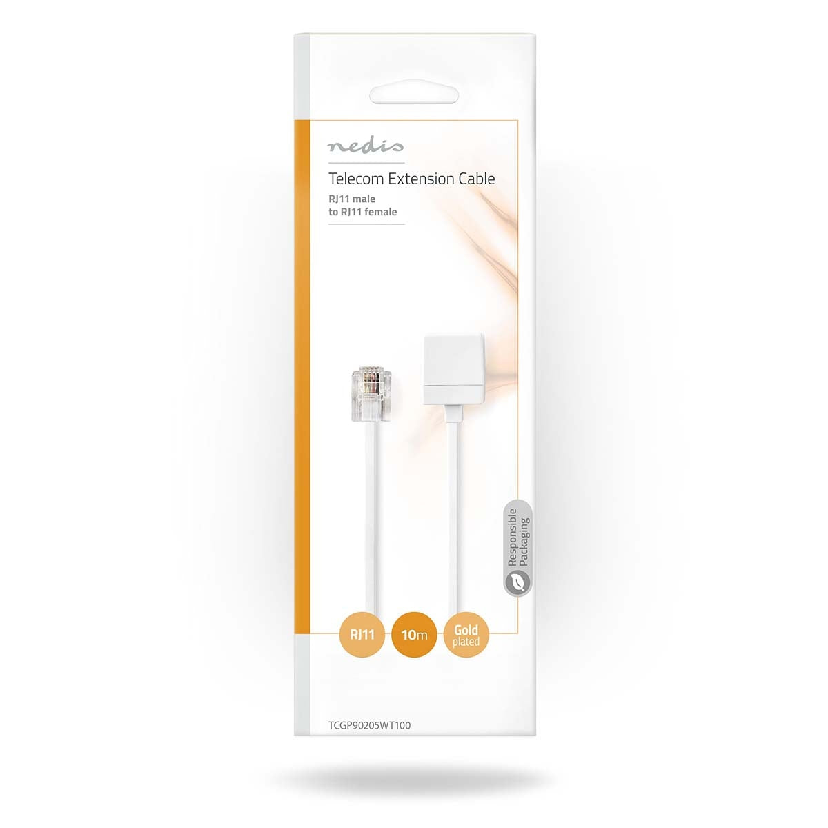 Telecom extension cable | RJ11 Male | RJ11 Female | 10.0 m | Cable design: Flat | Plating: Gold Plated | Cable type: RJ11 | White