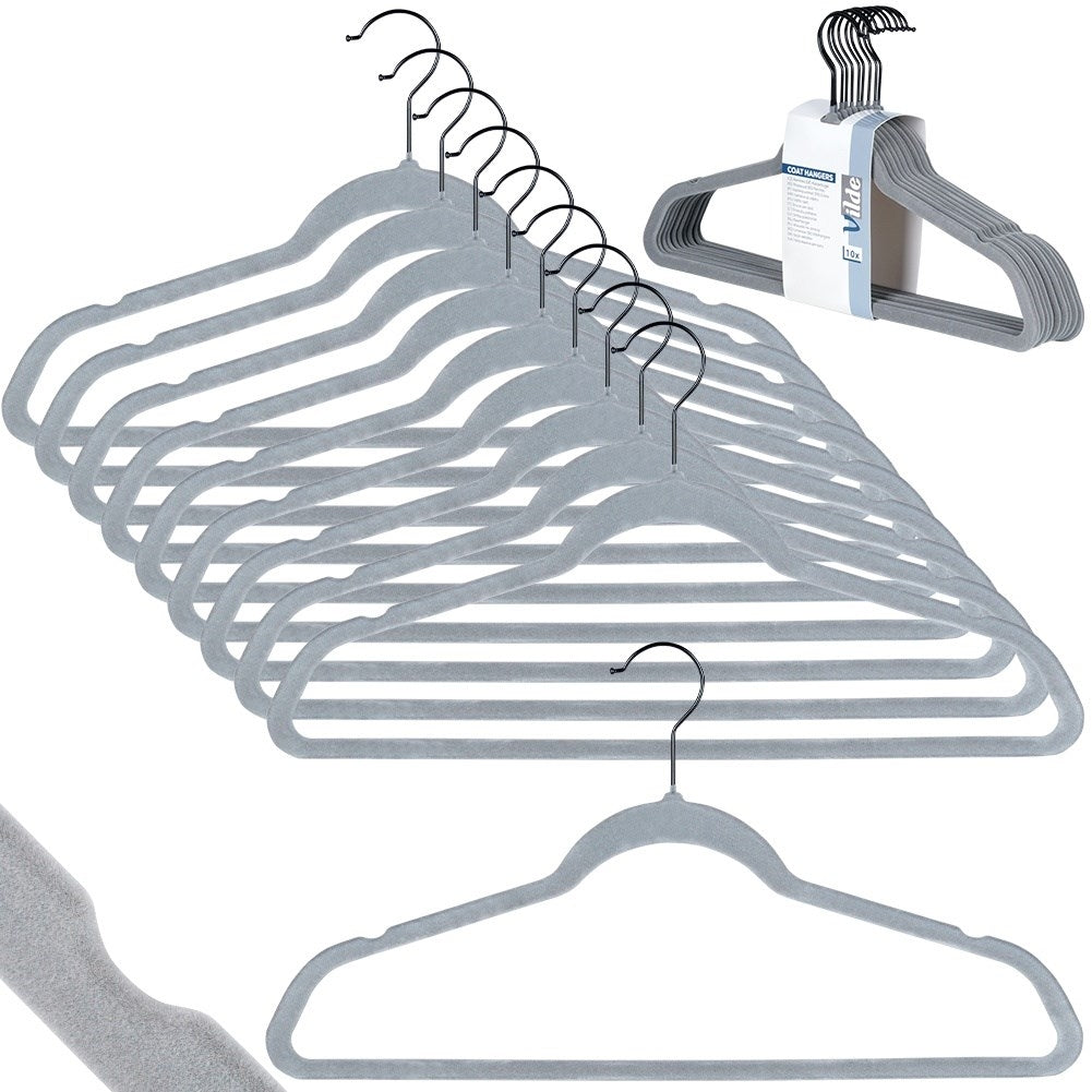 Ten rotating clothes hangers in durable gray velvet fabric
